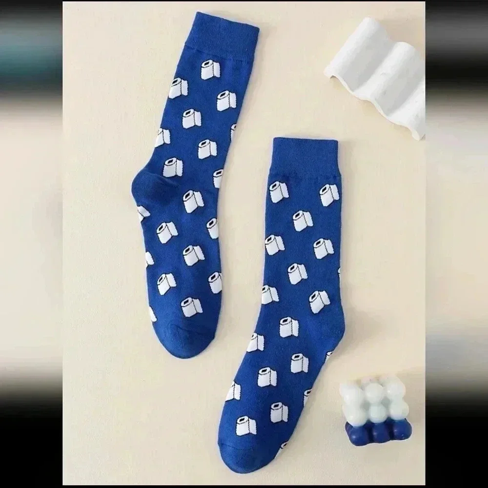 Funny toilet paper socks crew cut blue white men's fashion women's unisex funny
